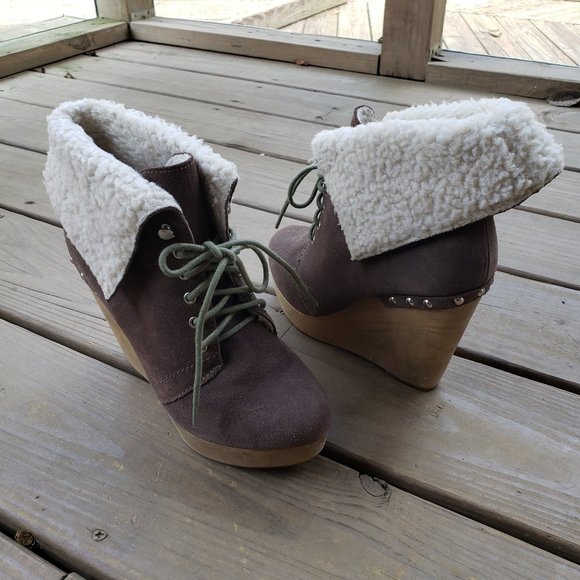 Naughty Monkey Sherpa Suede Wedge Lace Up Booties - Picture 1 of 12